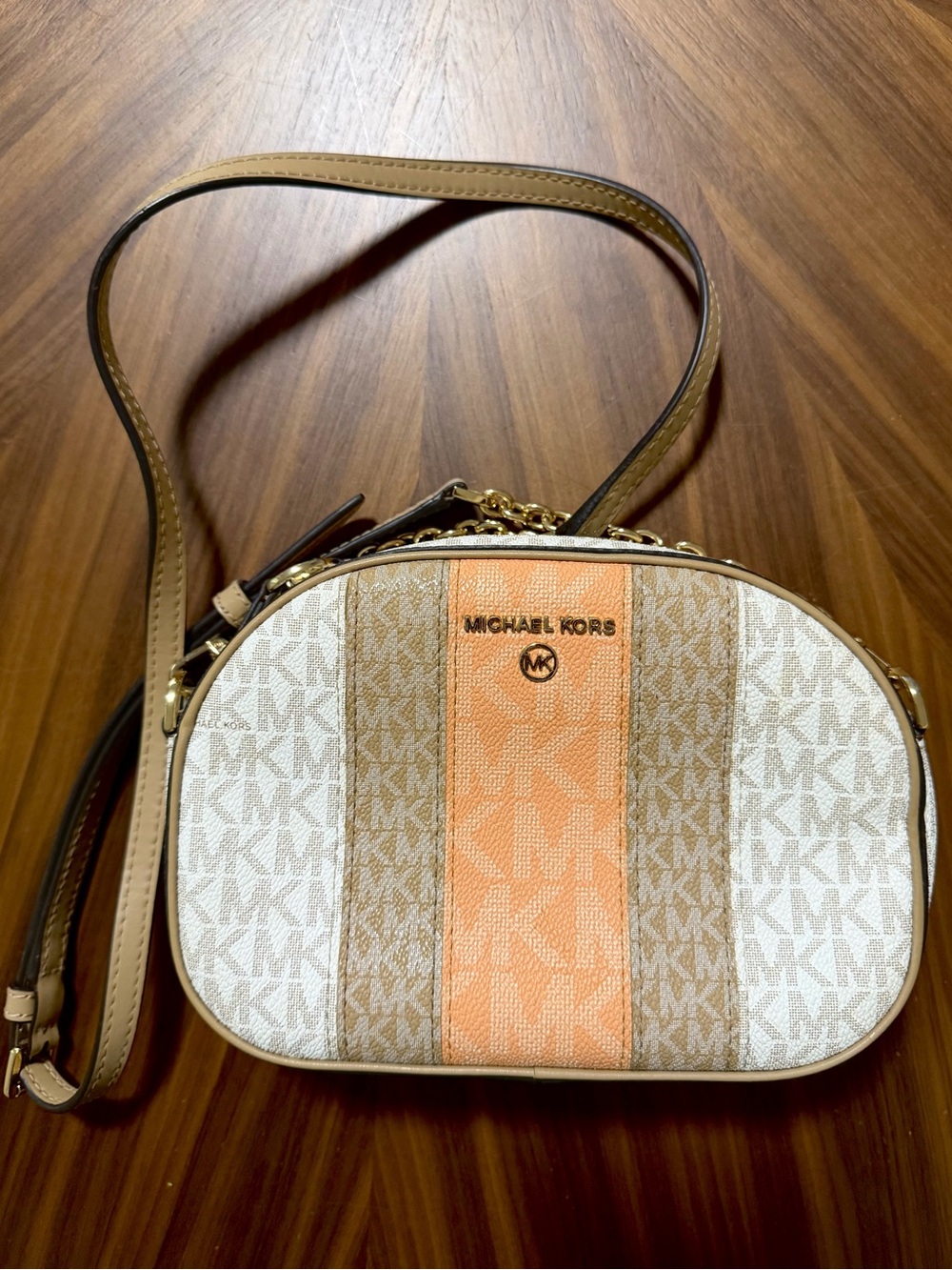 Michael Kors Signature Stripe Crossbody in Orange, Tan & Cream